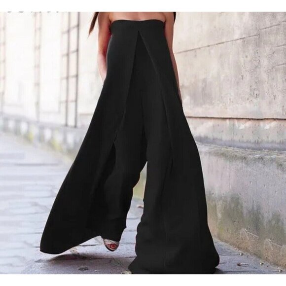 Zara Black Linen blend Super Wide Leg Strapless JumpsuitBlogger S